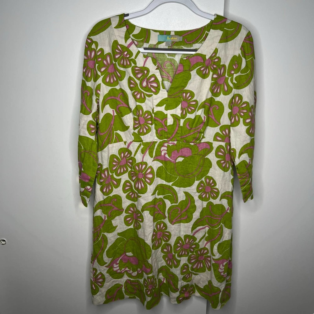 Boden Floral Print Linen 3/4 Sleeve V Neck Shift Dress Green Pink US14(L)